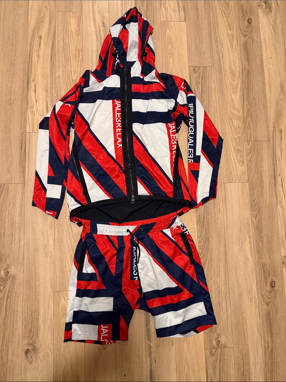 Red, White & Navy Geometric Hooded Jacket and Shorts Set